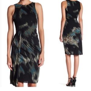 Halston Heritage Printed Ruched Faux Wrap Midi Dress Black Ocean Colorway Size 6